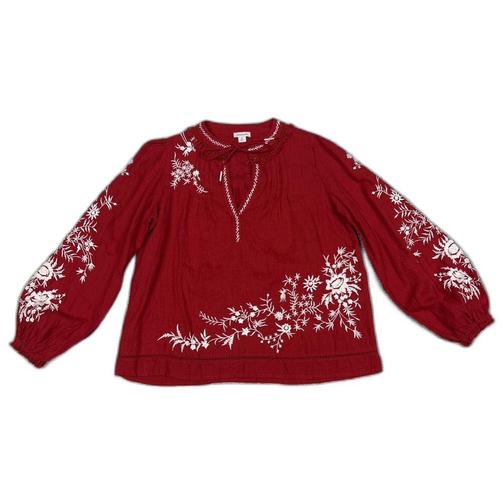 Sundance Blouse Womens XS Linen Embroidered Peasant Boho Top Red Oversized